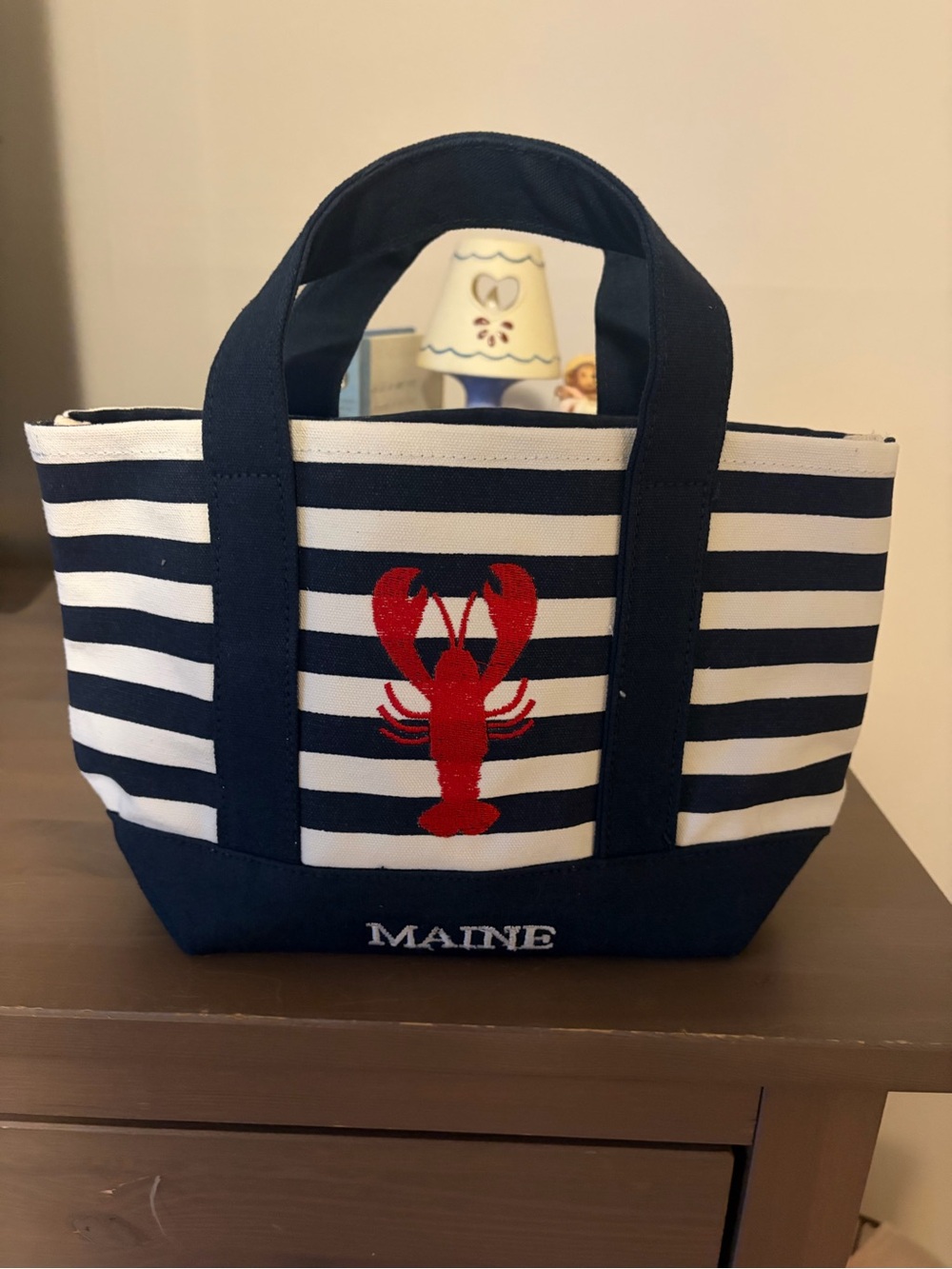 Striped Nautical Lobster Tote Bag - Navy & White with Red Lobster